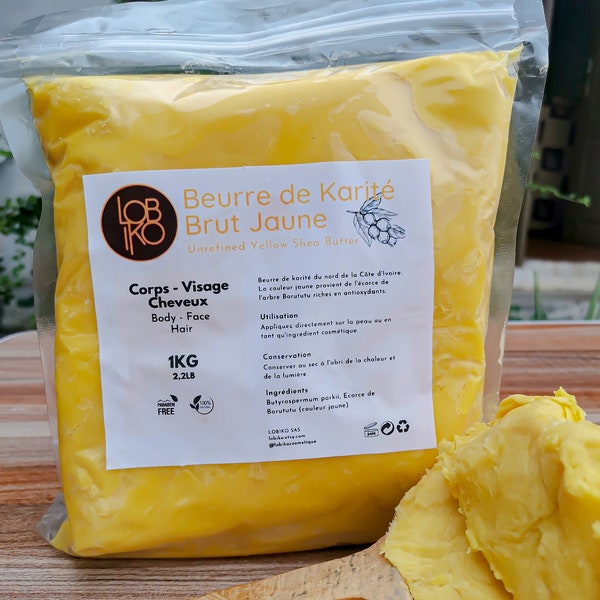 1 kg rohe gelbe Sheabutter, 100 % natürlich, roh, unraffiniert – mit Borututu-Wurzeln – gelber roher Sheabutterriegel – feuchtigkeitsspendend