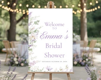 Bridal Shower Welcome Sign Printable, Lavender Floral Sign Template, Purple Wedding Shower Decor, Instant Download Bridal Sign