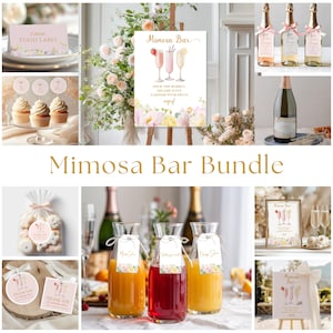 Può includere: Un set per bar a mimosa con un cartello che dice "Mimosa Bar" con fiori rosa e gialli. Il set include un cartello, decorazioni per cupcake, etichette per bomboniere ed etichette per bottiglie. Il cartello dice "Versa il frizzante, aggiungi il succo, guarnisci con frutta, goditi!"