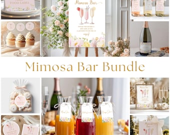 May include: A mimosa bar bundle with a sign that says "Mimosa Bar" with pink and yellow flowers. The bundle includes a sign, cupcake toppers, favor tags, and bottle tags. The sign says "Pour the bubbly, splash juice, garnish with fruit, enjoy!"