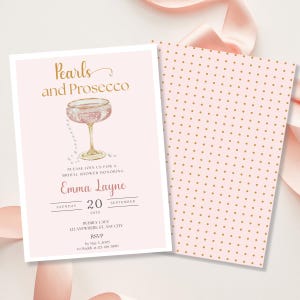 Pearls & Prosecco Bridal Shower Invite, Elegant Pink Champagne Glass Invitation, Printable Wedding Shower Template