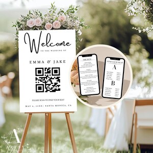 以下が含まれることがあります： 黒いQRコードと「Welcome to the wedding of Emma & Jake」「Please scan to find your seat」「May 6, 20XX | Santa Monica, CA」のテキストが書かれた白いウェルカムサイン。
