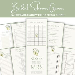 Peut inclure: Ensemble de jeux et de panneaux imprimables pour une fête prénuptiale. La conception présente une palette de couleurs vert clair avec une écriture élégante et des illustrations de poires. Jeux de bingo, chasse au trésor, etc.