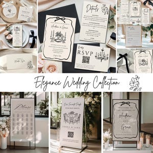 May include: An elegant wedding stationery collection featuring invitation cards, RSVP cards, menus, and signage. The designs include floral illustrations and calligraphy. The collection is in black and white with a minimalist aesthetic.