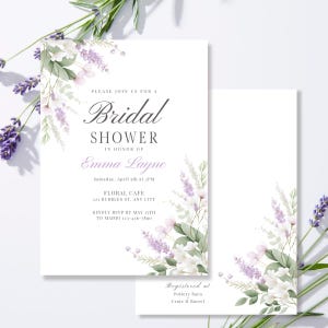 Brautparty einladen Elegante Lila Blumen Blumen Druckbare Canva Vorlage | Weiches Salbei & Lavendel Wildblumen Design