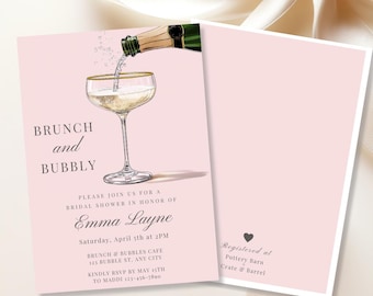 May include: Pink bridal shower invitation with a champagne flute and bottle pouring champagne. The invitation reads "Brunch and Bubbly" and includes the bride's name, date, time, and location. The invitation also includes the text "Registered at Pottery Barn & Crate & Barrel".