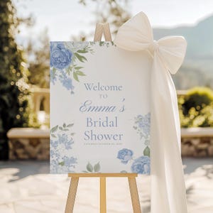 Blue Floral Bridal Shower Welcome Sign, Editable Something Blue Canva Template, Printable Bridal Shower Sign