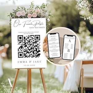 以下が含まれることがあります： 「Our Favorite People Your Seat Awaits」と書かれた白い看板。QRコードが表示され、「Please scan the code to find your seat and view the menu」というテキストが表示されています。QRコードの下には「Emma & Jake 10.20.2025」というテキストがあります。