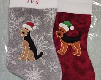 Welsh/Airedale Terrier Christmas Stocking (several other breeds available) - machine embroidered and appliqued