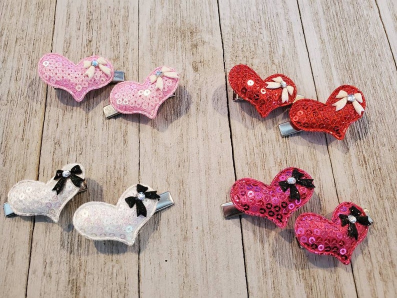 Set of Two Heart Clippies Sequin Hearts with Bows Pig Tails Clips Heart Clips