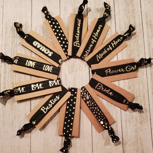 Black and Gold Bridal Hair Ties Matron Maid Flower Girl Love Hearts Polka Dots Besties Squad Bridesmaid Hair Ties A La Carte
