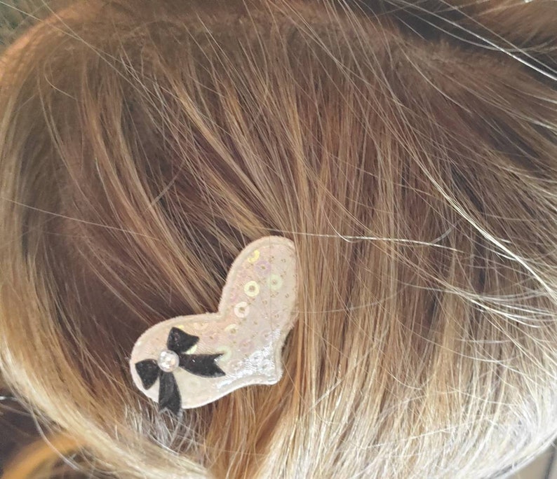 Set of Two Heart Clippies Sequin Hearts with Bows Pig Tails Clips Heart Clips