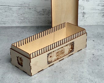 Unstable Unicorns Card Case | Holds 400+ Sleeved Cards with Baby Unicorn and Player Aid Dividers | Wooden Box
