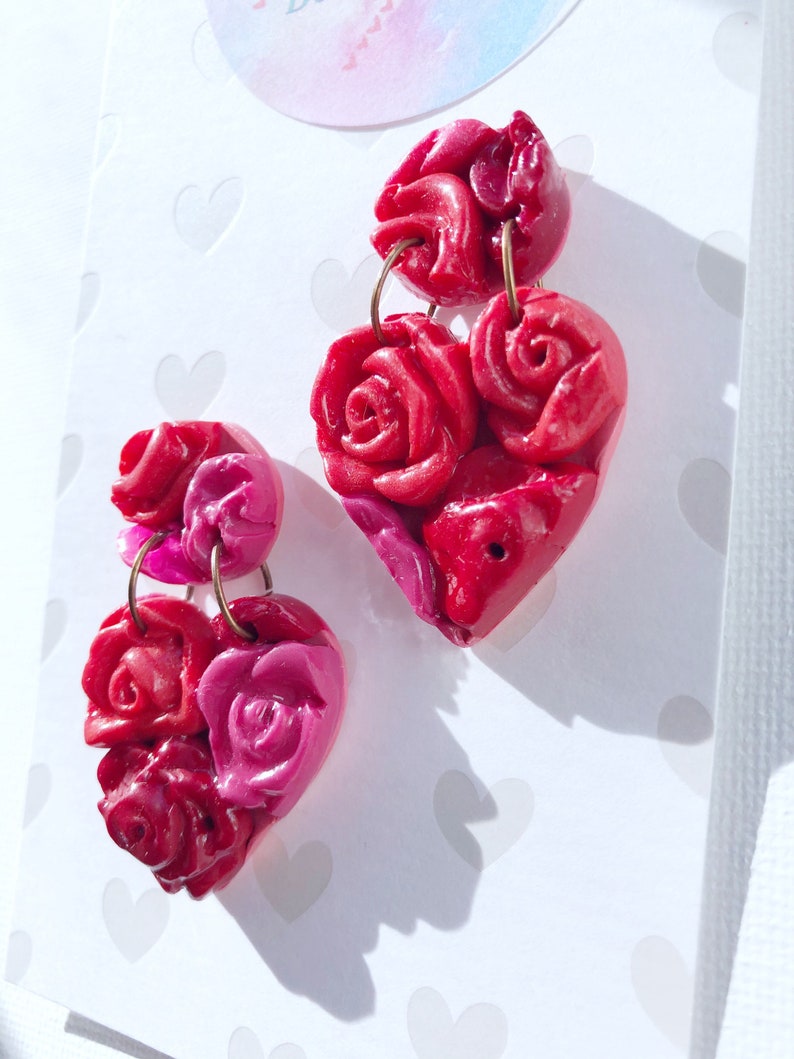 Red Valentine collection \u2022 Red and pink rose heart clay earrings \u2022 1 34\u201dL\u2022 Ready to ship