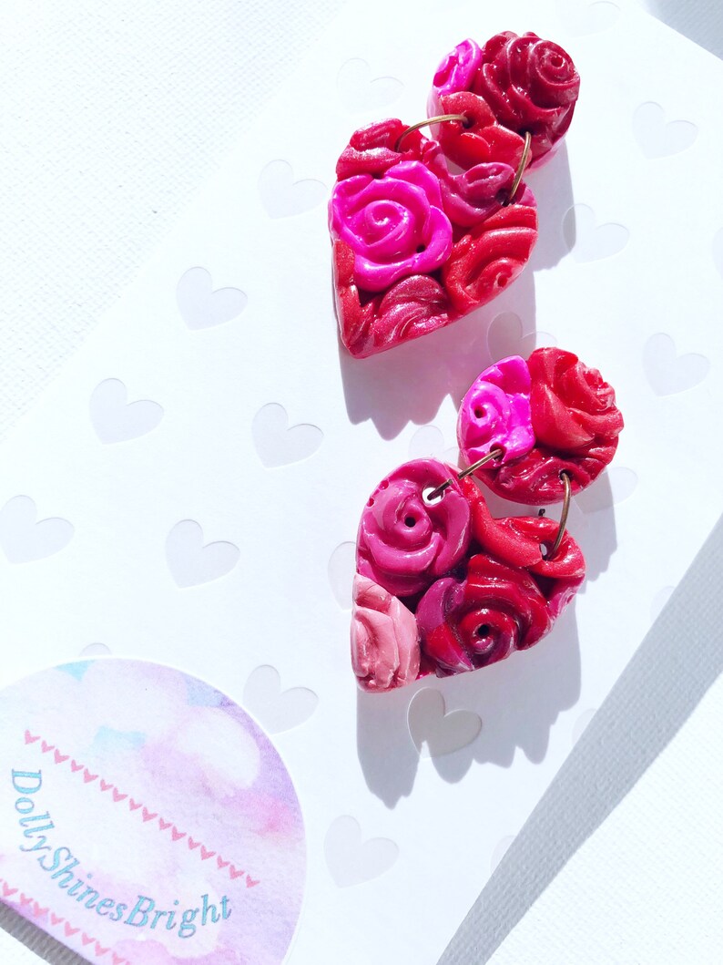 Red Valentine collection \u2022 Red and pink rose heart clay earrings \u2022 1 34\u201dL\u2022 Ready to ship
