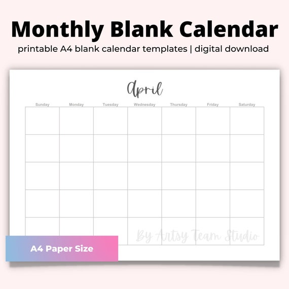 monthly blank calendar a4 landscape printable blank monthly etsy
