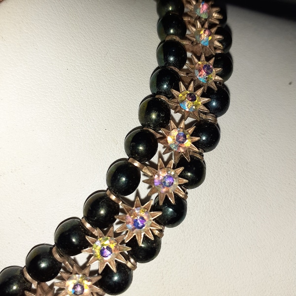 Collier ras du cou perles noires et strass