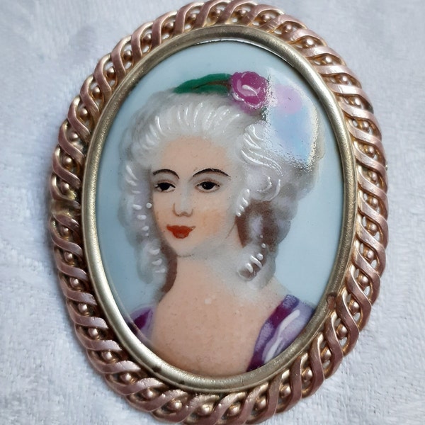 Broche Ancienne Limoges France En Céramique Plaqué Argent - Occasion Bel Objet