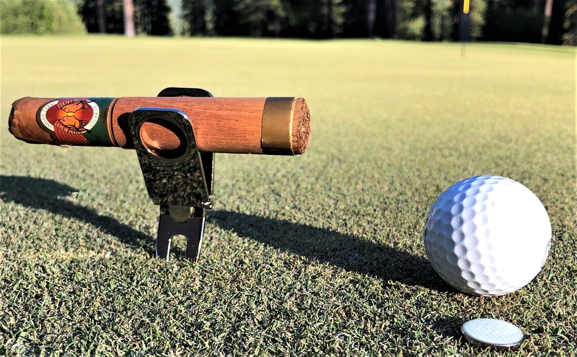 Cigar Holder Golf Divot Tool W/ Enamel Ball Mark Free Storage Bag Golf & Cigars Golf Cart Cigar