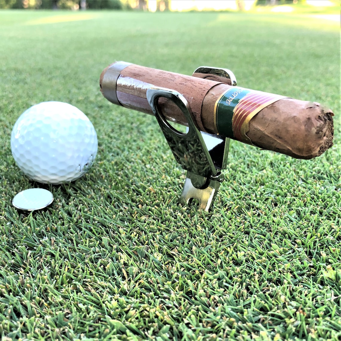Cigar Holder Golf Divot Tool W/ Enamel Ball Mark Free Storage Bag Golf