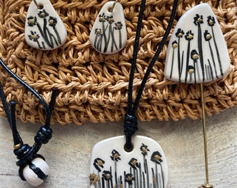 Handmade Floral Ceramic Jewelry Set: Pendant, Brooch, Earrings