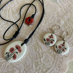 Handmade Floral Ceramic Jewelry Set. Colored Ceramic necklace and earring set. A perfect, unique gift.