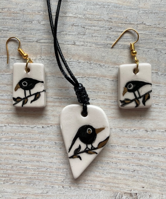 Handmade Ceramic Jewelry Set: Bird Pendant Necklace and Earrings