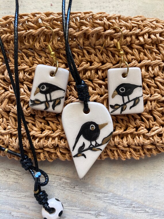 Handmade Ceramic Jewelry Set: Bird Pendant Necklace and Earrings