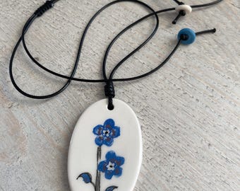 Handmade Ceramic Floral Necklace, Blue Flower Pendant