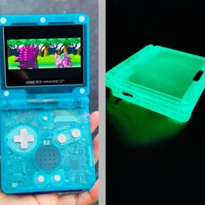 Retro Gaming Revived: Custom Modified Transparent Blue Color Gameboy Advance SP ‘Glow At Night’ Console IPS V2 Screen, Brightness Control.