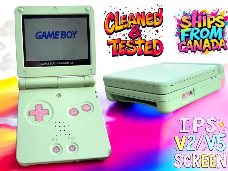 May include: A green Game Boy Advance SP handheld gaming console with a light green shell and a white screen. The console is open and the top screen displays the text "GAME BOY". The console has a D-pad, face buttons, and select and start buttons. The console is sitting on a pink and blue surface.