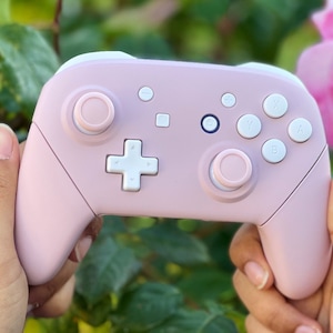 May include: A pink Nintendo Switch controller with white buttons and a pink and white design.