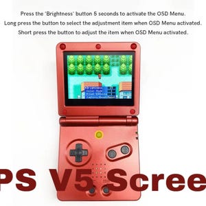 May include: A red handheld gaming device with a bright red screen displaying a video game. The screen is labeled "IPS V5 Screen".