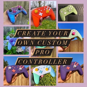 以下が含まれることがあります： あなただけのカスタムプロコントローラーを作成しましょう。ニンテンドースイッチプロコントローラーのさまざまなカラーコンビネーションを示す画像のコラージュ。カラーには、パープル、ブルー、グリーン、オレンジ、ホワイトが含まれます。