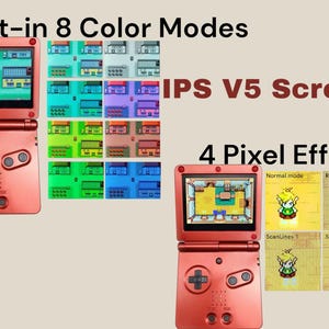 May include: Red handheld game console with a built-in screen. The console has a screen that displays a pixelated image of a video game. The console has eight color modes and four pixel effects. The text on the screen reads "Normal mode", "Retro Pixel", "ScanLines 1", and "ScanLines 2".