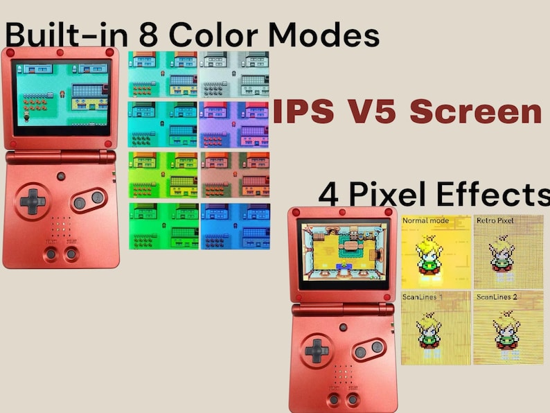 May include: Red handheld game console with a built-in screen. The console has a screen that displays a pixelated image of a video game. The console has eight color modes and four pixel effects. The text on the screen reads "Normal mode", "Retro Pixel", "ScanLines 1", and "ScanLines 2".