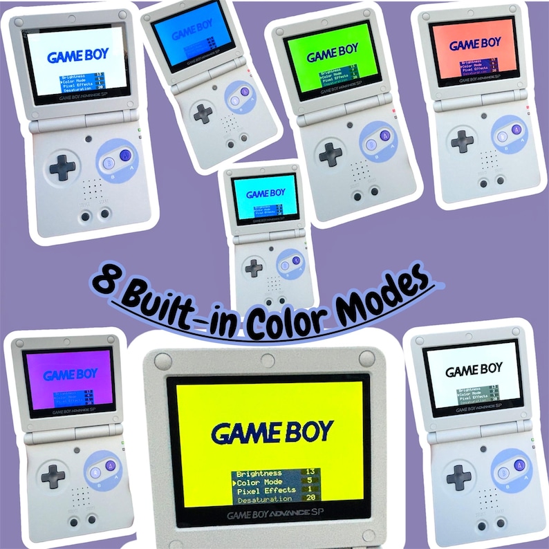 May include: A collection of eight Game Boy Advance SP consoles, each displaying a different screen color. The consoles are light gray with purple accents and the text "GAME BOY" is visible on the screens. The image also includes the text "8 Built-in Color Modes".