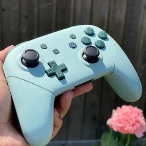 May include: A light blue and green Nintendo Switch controller with black buttons. The controller is being held in a hand.