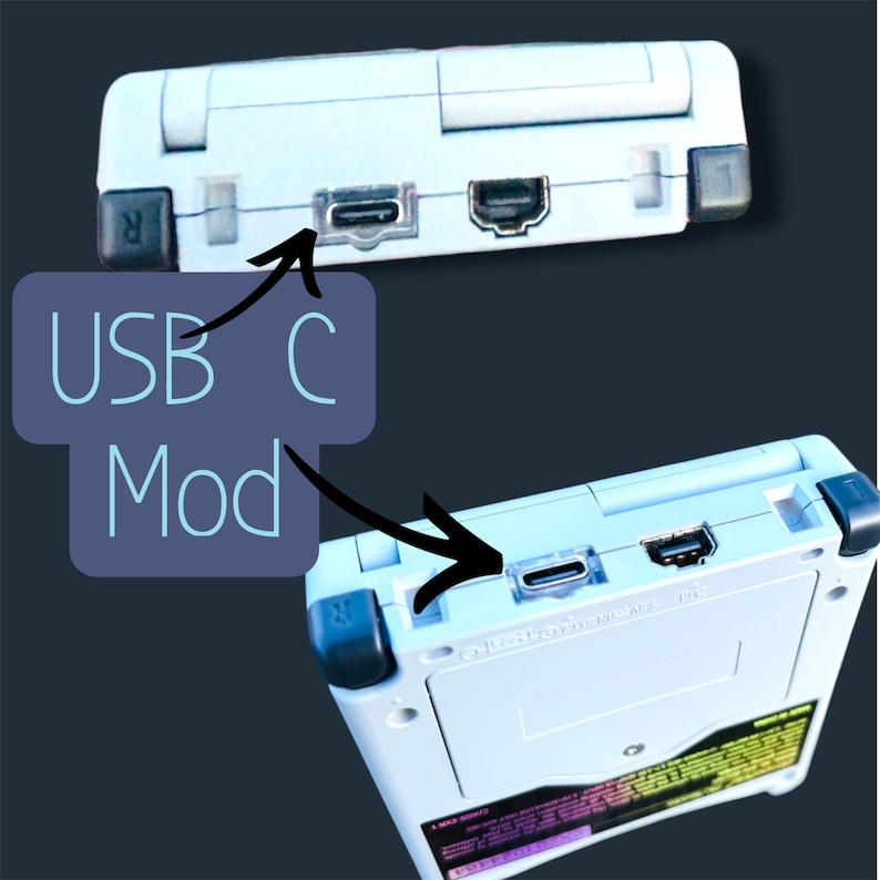May include: Two white handheld gaming consoles with black accents. The image highlights the USB-C Mod feature, with the text "USB C Mod" overlaid. The consoles have various ports and buttons, including a USB-C port.