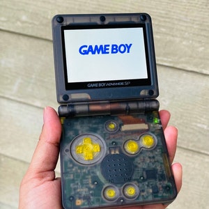 Gameboy AdvanceSP IPSV2 Backlit Customized GBA SP Clear Black Retro Gaming Console with Clear Yellow Buttons.10 Levels Brightness.USBC Mod
