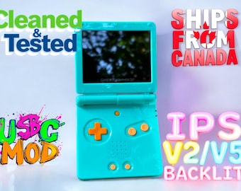 May include: A teal Game Boy Advance SP with a bright orange button and a clear screen. The text "SHIPS FROM CANADA" and "IPS V2/V5 BACKLIT" is visible in the background. The text "Cleaned & Tested" and "USB MOD" is visible in the foreground.