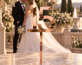 Mirror Rose Gold Acrylic Table Numbers | Minimalist Wedding Reception Decor (6-12 Inch)