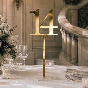 Mirror Gold Acrylic Wedding Table Numbers with Stand | Tall Elegant Reception Decor Set