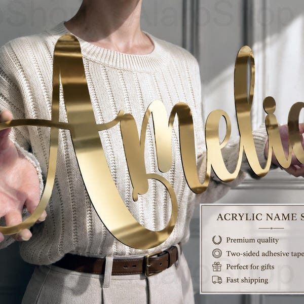 Personalized Acrylic Name Sign | Mirror Gold Wall Decor, Event Backdrop