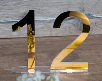 Mirror Gold Acrylic wedding table numbers | Gold numbers | Mirror table numbers | Acrylic table numbers with stand | Glitter table number