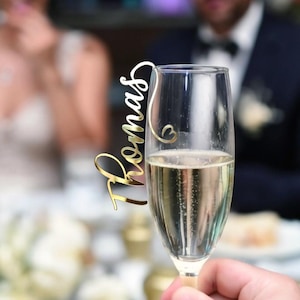 Wine glass charms Gold wedding acrylic name place cards | Laser cut personalized glass table decor | Personalized Wine glass charms