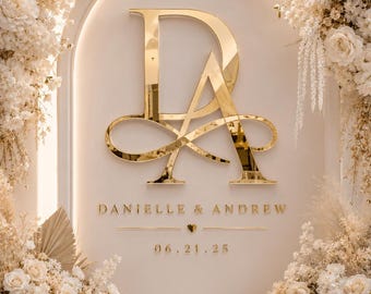 Custom Mirror Gold Acrylic Wedding Monogram Sign with Names & Date