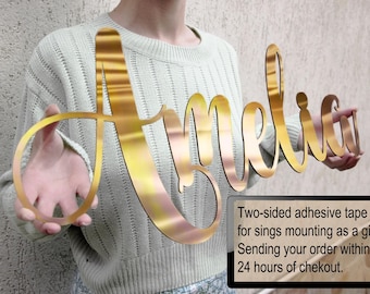Personalized Acrylic Name Sign | Mirror Gold Wall Decor, Event Backdrop