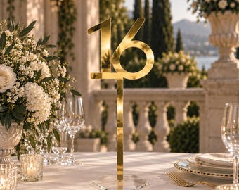 Modern Mirror Gold Acrylic Wedding Table Numbers with Stand | Tall Minimalist Reception Decor Set