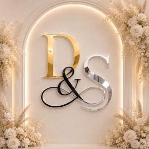 May include: A decorative wall sign featuring the letters D and S with an ampersand symbol. The letter D is gold, the ampersand is black, and the letter S is silver. The letters are arranged in a layered, overlapping design against a light wall.